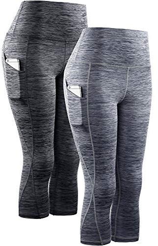 NELEUS Women's 2 Pack Yoga Capris Running Leggings with Pockets,9034,Black,Grey,US XL,EU 2XL