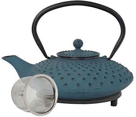 teeblume | gusseiserne Teekanne Kambin | Gusseisen-Teekanne mit Sieb | inkl. gratis Untersetzer in schwarz | Teekessel innen komplett emailliert | blau | 800ml