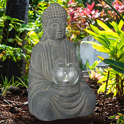 Buddha sittande med vindljus │ grå H 28 cm skulptur med värmeljushållare │Feng Shui trädgårdsfigur