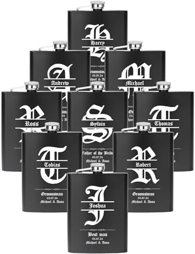Flasques a Alcool Personnalisées 227ml 304 en Acier Inoxydable, Lot de 9 Flasques Gravées Personnalisées pour Garçons D'Honneuret Témoin D'Honneur, Cadeau de demande en Mariage (Noir)