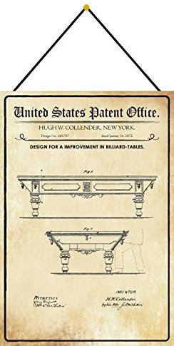 DekoDrom® Blechschild 20 x 30 cm US Patent Billard Tisch Sport Hobby historisches Motiv mit Kordel zum Aufhängen Wand Deko Sammler Geschenk
