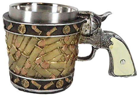 Ebros Gift Rustikale Western-Kaffeetasse, Cowboy-Revolver-Pistole mit runden Muscheln, 170 ml, Wild-West-Jäger-Kugeln, Muschel-Design, Trinkgeschirr, Tafelaufsatz