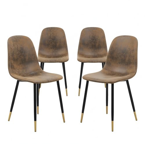 Homy Casa Esszimmerstühle, 4er-Set, aus Wildlederimitat, skandinavische Küchenstühle, für Esszimmer, Schwarz-Goldfarbene Beine, Braun