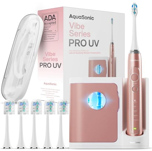 Aquasonic Vibe Series PRO – Ultra-Whitening Power Zahnbürste – 5 Modi & Smart Timer – UV-Desinfektionsbasis – ADA akzeptiert (Roségold)