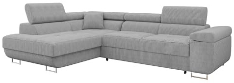 Mirjan24 Ecksofa Torezio Cord, Kopfstützen verstellbar (Poso 110, L) | Komfortable Eckcouch mit Schlaffunktion, Bettkasten, weichem Cordbezug und offener Ottomane