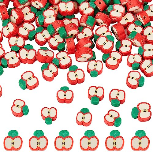 SUNNYCLUE 1 låda 200 st polymerlerpärlor frukt röda äppelpärlor fruktlera pärla äppelskiva form lösa pärlor frukt tema distanser pärlor för smyckestillverkning armband nyckelring halsband gör-det-själv hantverk gåva