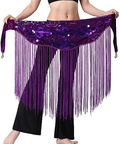 SEAUR Falda para mujer de danza del vientre, pañuelo con lentejuelas y flecos, cinturón de baile latino, falda con brillo, falda para rumba, chacha, borla, falda de baile, Talla única