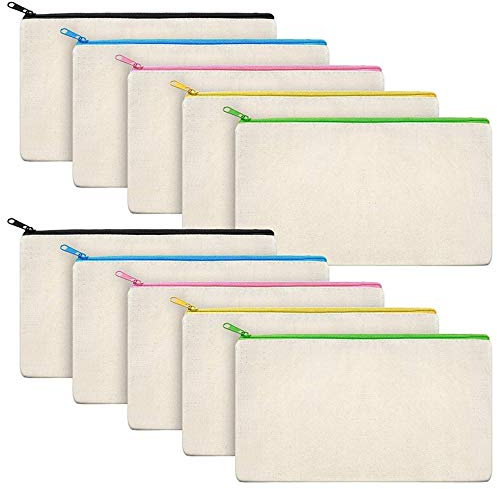 LAUGHERER 10 Stück Leinwand Make-up Taschen Leinwand Reißverschluss Beutel Taschen Federmäppchen DIY Handwerk Taschen für Reisen DIY Handwerk Schule Bunte Reißverschluss, beige