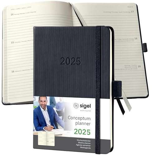 SIGEL C2513 Wochenplaner Wochenkalender 2025, ca. A6, schwarz, Hardcover, 176 Seiten, Gummiband, Stiftschlaufe, Archivtasche, aus nachhaltigem Papier, Conceptum