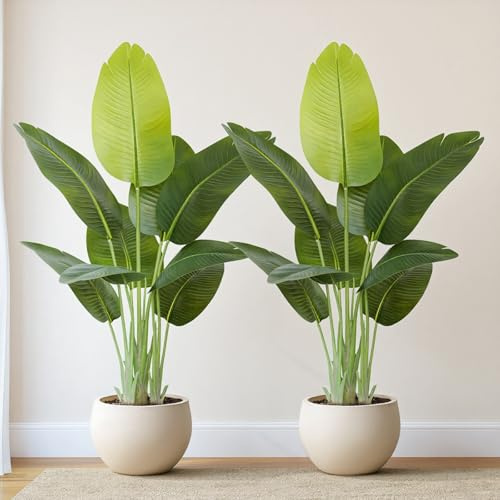 Keeplush Künstliche Paradiesvogel Pflanze groß 120cm künstliche Tropische Palme mit 9 Blättern perfekte künstliche Pflanzen im Topf für drinnen und draußen Haus Büro Garten Moderne Dekoration（2 Pack）