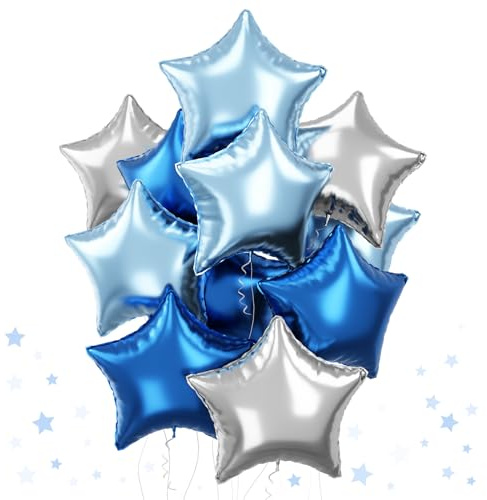 Blue Star Foil Balloons, 18 Inch Royal Blue Silver Stars Shape Foil Helium Balloons 12 Pcs Large Light Blue Silver Pentagram Balloons Party Decoration for Birthday Graduation Baby Shower