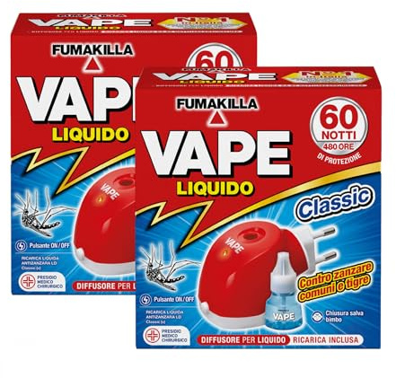 Vape Zanzare Diffusore Elettrico Classic Con Ricarica Liquida 60 Notti 30Ml (2 Unità)