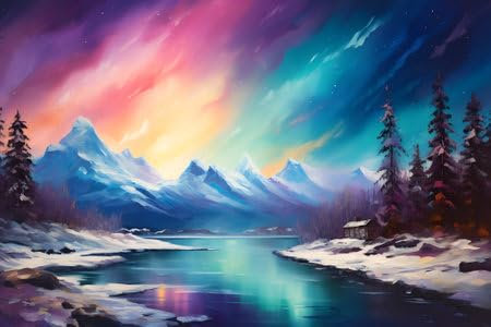 adrium Acryl-Bild 50 x 30 cm: Nordlichter. Landschaft. Ölgemälde-Stil. Impressionismus. Generative KI. (214856605)