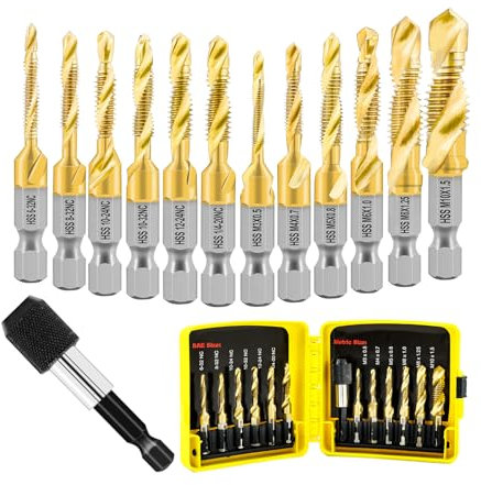 FOCSTOL Kombi Gewindebohrer Set - Titan Kombinationsbohrer Gewindebohrer Set zum Bohren Gewindeschneiden und Senken Eisen Aluminium Kupfer Metall 13 Stück (6-32NC bis 1/4-20NC und M3 bis M10)