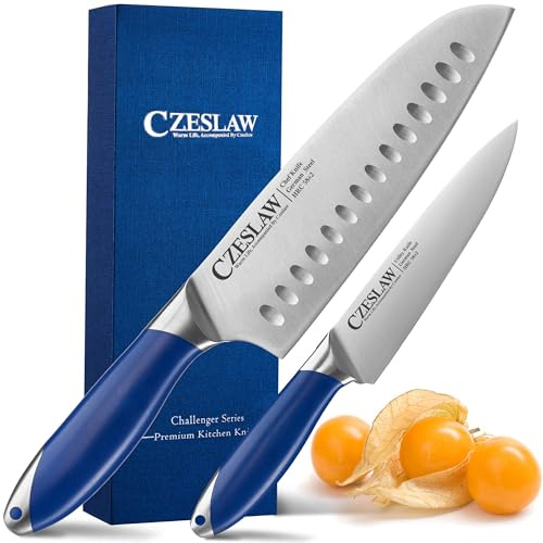 Czeslaw Messerset 2-teilig, Japanisches 18CM küchenmesser und 13cm Gemüsemesser, Deutscher Kohlenstoffstahl, scharf Messer messer kochmesser, Griffdesign in Preußenblau, Kochgeschenke für Köche