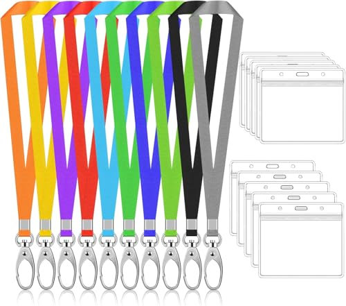 10 Sets Ausweishülle mit Band, Transparent Wasserdicht Kartenhülle mit Schlüsselband, Lanyard Nylon mit Swivel Haken, 10 Pcs Umhängeband und 10 Pcs Ausweishalter für Schule Büro (Horizontal)