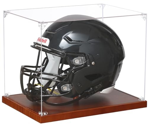 JupDec Football Helmet Display Case, Full Size Acrylic Baseball Motorcycle Helmet Showcase, UV Protection Souvenirs and Collectibles Box with Solid Wood Base & Riser, Ideal Gift for Sports Enthusiast