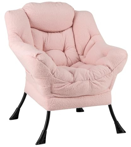 RELAX4LIFE Relaxsessel Stoff, moderner Ohrensessel, dick gepolsterter Loungesessel mit Armlehnen & Kopfkissen & Metallrahmen & Seitentasche, Einzel Sessel für Wohnzimmer & Schlafzimmer (Rosa)
