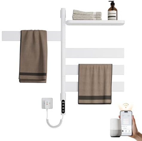 EMKE 180° Drehung Handtuchheizkörper Elektrisch, Badheizkörper Elektrisch mit Lagerregal, Wifi Smart Elektrischer Handtuchtrockner, Handtuchwärmer Handtuchhalter Elektrisch Weiß 120W