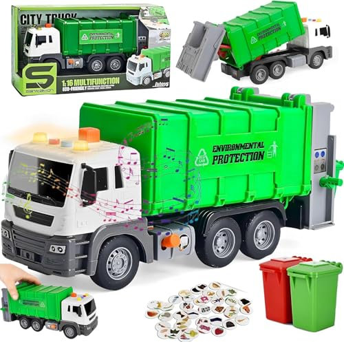 SGM JS108 Garbage Truck, Waste Management Recycling Truck with Trash Cans, Friction Powered with Light & Sound, Back Bump, Educational Toy for Toddlers & Kids