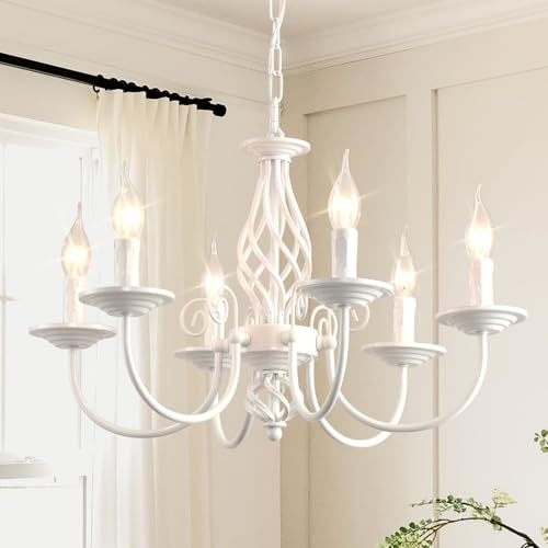 JIINOO 6-Flammiger Weißer Kronleuchter im Französischen Landhausstil, 57cm | Vintage Pendelleuchte mit 90 cm Verstellbarer Kette für Esszimmer, Küche und Wohnzimmer, für Flache und Schräge Decken