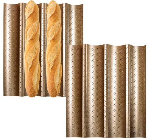 Pasdrucn 2 piezas molde pan hornear accesorios para hornear moldes para baguette con revestimiento antiadherente, bandeja para hornear baguette con revestimiento antiadherente para 4 baguettes
