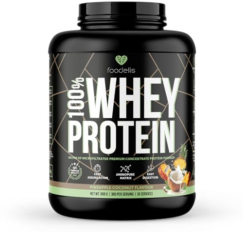 Foodelis 100% Whey Protein | Proteína de Suero Premium con Glutamina Natural y Perfil Completo de Aminoácidos | Máxima Absorción y Fácil Digestión | 908 g – 30 Dosis (Piña Colada)