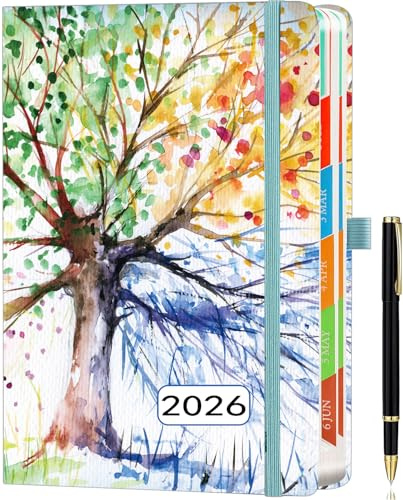 ZXHQ 2026 Diary Page a Day A5, Jan - Dec, with Colorful Tabs, UK Holidays, Inner Pocket, 100 Gsm Paper, Pen Set, Full Year Daily Planner 2026 with Monthly View, 5.9 × 8.5 - Tree of life