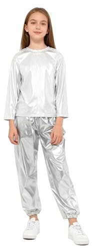 Nyeemya Tuta da Bambina Lucida Metallizzata Felpa T-shirt a Manica Lunca + Pantaloni Cargo Completo da Ballo di Strada Jazz Hip Hop Danza Moterna Dancewear Argento 11-12 anni
