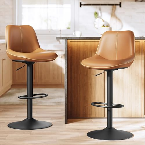 VASAGLE Lot de 2 Tabourets de Bar, Pivotants, Réglables en Hauteur, Dossier Ergonomique, PU, Base Métallique, Modernes, pour Îlot de Cuisine, Bar, Marron Caramel LJB168K01