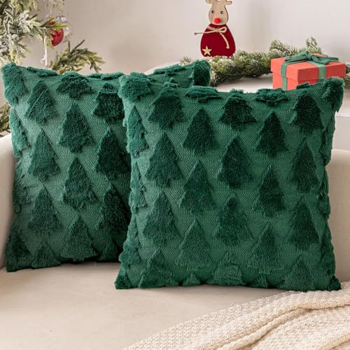 MIULEE Weihnachten Kissenbezug Weihnachtstag 2er Set Kurz Wolle und Samt Kissenbezüge Deko Luxuriöses Winter Zierkissenbezug für Sofa Schlafzimmer Wohnzimmer, Weihnachtsbaum, Dunkelgrün, 50x50cm