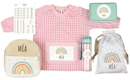 Mi Pipo - Pack Guarderia Personalizado - Arcoiris Soft Rosa | Pack Vuelta al Cole Primaria con Todo lo Necesario | Personalizado con Nombre, Cómodo, 2-3 Años, Fácil de Lavar | Ideal Guardería, Colegio
