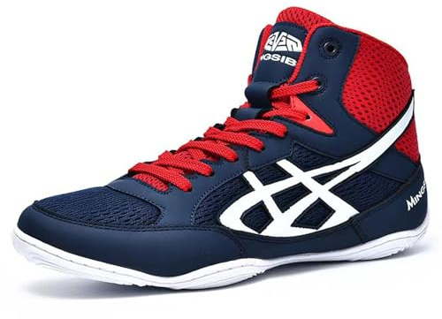 Dihou88 Chaussures de Boxe légères et antidérapantes, Chaussures de Lutte pour Hommes avec Maintien de la Cheville en Maille pour l'entraînement Physique et Le Combat(Blue,46 EU)