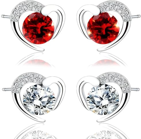 4Pcs Silver Studs Earrings for Women Set, 2 White Heart Silver Earings and 2 Red Earrings for Women, Dainty Womens Jewellery, Ear Ringsfor Womens Gifts and Ladies Gifts