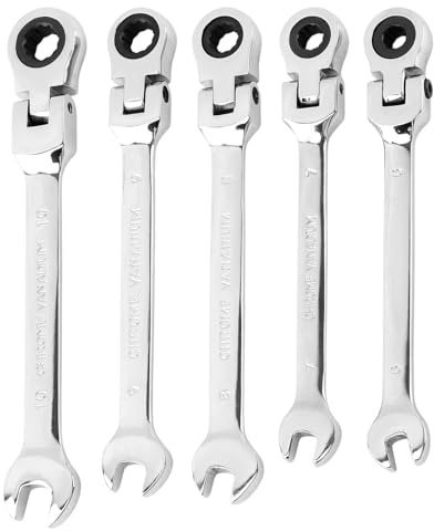 YCSHIPO 5pcs Flex Head Ratcheting Wrench Set, Metric 6-10mm Spanner Gear Ring Ratcheting Combination Wrenches Kit, 180° Head, 72 Tooth, Box End and Open End Wrench for Tight Spaces(Silver)