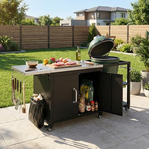 AFANLAX 77 Stainless Steel Kitchen Pantry Storage Cabinet, Freestanding Kitchen Cabinet with Drop Leaf, Kitchen Hutch with Lockable Wheels for Outdoor BBQ, Black