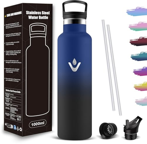 Mujigaga Trinkflasche 1L, Wasserflasche Isolierflasche BPA-Frei, Kohlensäure Geeignet, Thermosflasche 1l Auslaufsichere, Trinkflasche Edelstahl Mit Strohhalm Doppelwandig für Reisen, Wandern, Schule