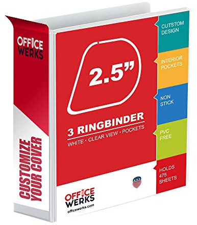 3 Ring Binder, 2.5 Professional Angle D-Rings, Presentation Folder for Standard Pages with Inside Pockets, Customizable Clear View White Binder (3.2 Spine)