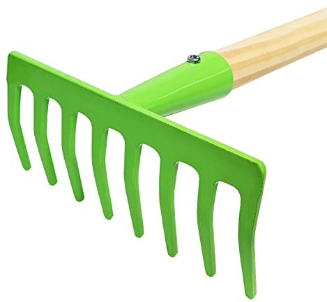 Land-Haus-Shop Kindergartengeräte 1 von 8, Kinder Garten Werkzeuge Geräte Schaufel, Besen, Rechen, Laubbesen, Harke, Grubber, Doppelhacke, Spaten, Metall mit Holzstiel (Harke grün)