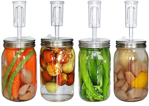 laffeya Fermentation Lids, Airlocks for Fermenting, 4 Sets Fermentation Kit for Wide Mouth Jars- Stainless Steel Fermenting Lids Compatible with Mason Jar for Making Sauerkraut, Pickle, Hot Sauce