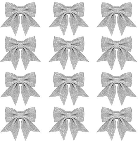 Whaline 12 x Weihnachtsschleifen, Dekorationen, für Kränze, kleine Weihnachtsbaumschleife, Pailletten-Fliege, Weihnachtsdekorationsschleifen für Zuhause, Weihnachtsfeier, 14 cm