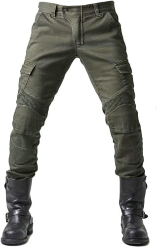 Moto Pantalon Protection pour Hommes, Moto Jeans en Respirant De Qualité Premium Straight Fit avec Amovible Protéger Pads pour Racing Vélo (Armée Verte,L)