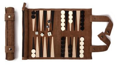 Sondergut Backgammon Brettspiel Mocca - Zum Rollen aus 100% Leder - Das Original seit 1998 Camper & Travel-Fans - 25x34cm