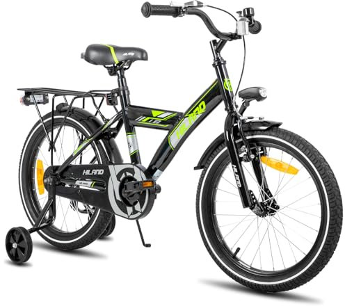 HILAND 18 Zoll Jungen Kinderfahrrad für Jungen 4 5 6 7 8 Jahren mit Rücksitz/Gepäckträger, Handbremse und Rücktritt schwarz