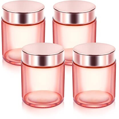 Cositina 4 Pack 3.4 oz Pink Glass Jars with Rose-Golden Lids & Inner Liners,Empty Round Storage Containers Travel Jars Pot,for Cosmetics,Gel,Eye shadow,Makeup,Face cream Lotion