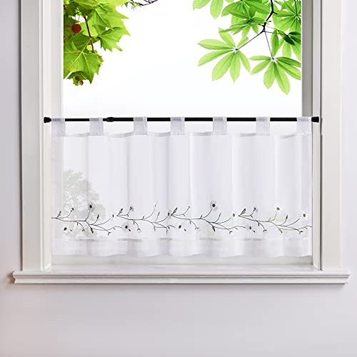 HeichkelL Bestickte Scheibengardine, Voile Kurzstores, Weiß BxH 90x45 cm | Kurzvorhang mit Schlaufen, Pastorale Küchengardinen, Landhausstil Bistrogardine