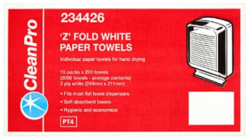 CleanPro Papierhandtücher, Z-Falz, 2-lagig, Weiß, 15 Packungen mit 200 Handtüchern, 1 Stück