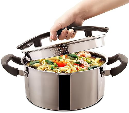 Stainless Steel Cookware Pasta Pot by Cyrder – 5 Quart, Strainer in Glass Lid, Two Side Spouts, Capsule Bottom Stock Pot, Durable & dishwasher safe
