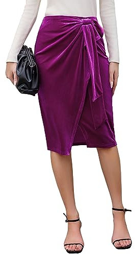 Kate Kasin Gonna da donna al ginocchio con spacco in velluto elasticizzato, elegante, vintage, con gonna a matita, colore nero, Rosa/lilla., M