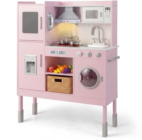 INFANS Kid Kitchen Playset, Toddler Wooden Pretend Cooking Set with Realistic Light & Sound, Stove, Sink, Microwave, Storage Cabinet, Play Kitchen Toy Set for Children Boys Girls